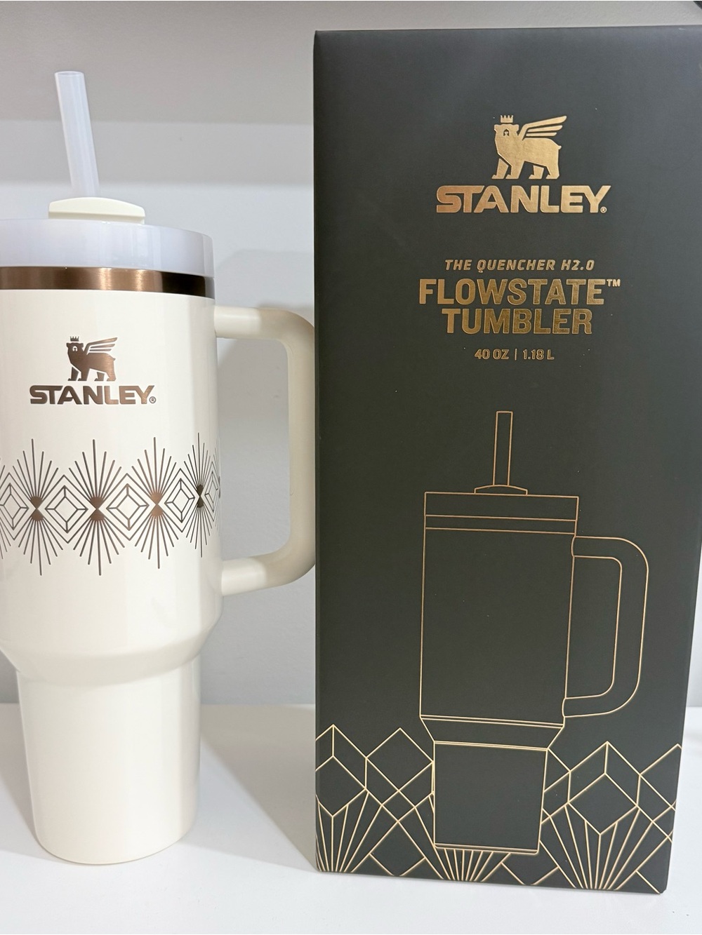 Stanley Cream Tumbler with Gold Geometric Accents